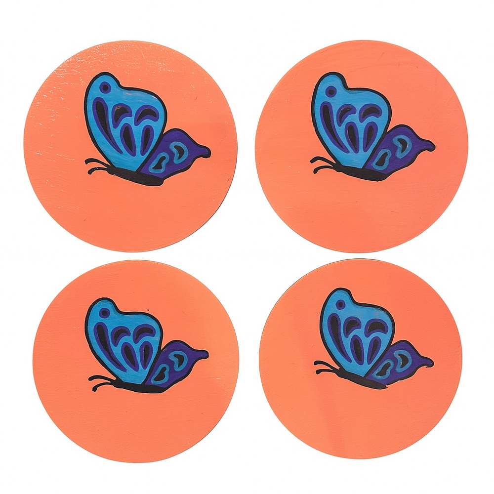Vibrant Orange Coasters with Blue Butterfly Design- Hand Painted